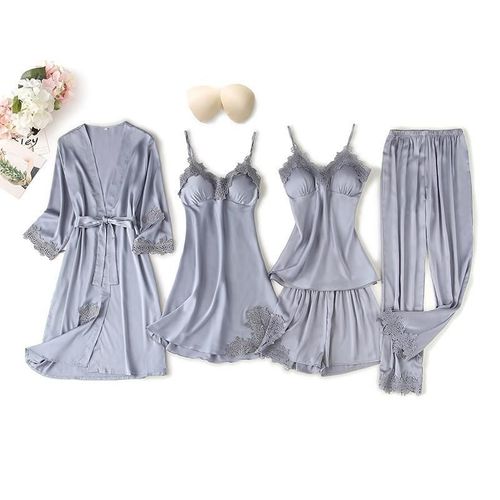 Ensemble De Pyjama Cinq Pièces En Dentelle Pour Femme,Peignoir,Chemise De Nuit,Vêtements De Détente,Vêtements De Nuit,Short Caraco,Surintendant Ser,Lingerie En Satin Trempé,Pyjama