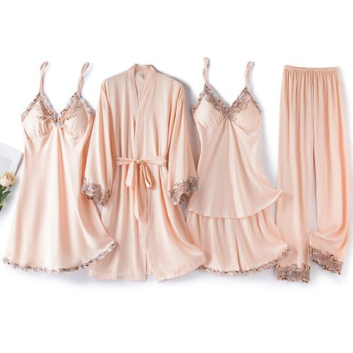 Ensemble De Pyjama Cinq Pièces En Dentelle Pour Femme,Peignoir,Chemise De Nuit,Vêtements De Détente,Vêtements De Nuit,Short Caraco,Surintendant Ser,Lingerie En Satin Trempé,Pyjama