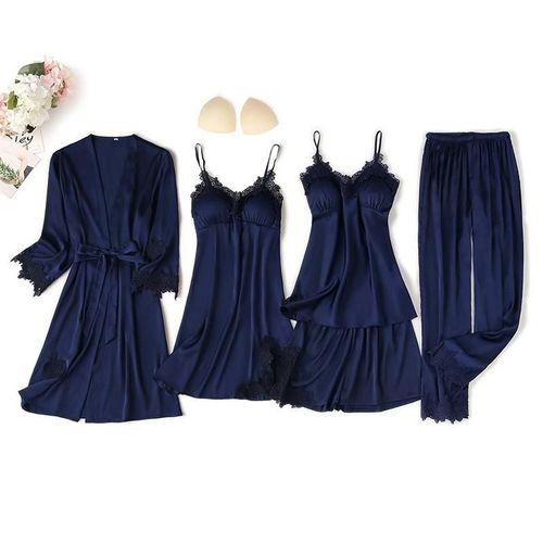 Ensemble De Pyjama Cinq Pièces En Dentelle Pour Femme,Peignoir,Chemise De Nuit,Vêtements De Détente,Vêtements De Nuit,Short Caraco,Surintendant Ser,Lingerie En Satin Trempé,Pyjama