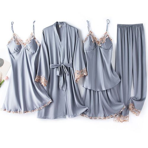 Ensemble De Pyjama Cinq Pièces En Dentelle Pour Femme,Peignoir,Chemise De Nuit,Vêtements De Détente,Vêtements De Nuit,Short Caraco,Surintendant Ser,Lingerie En Satin Trempé,Pyjama