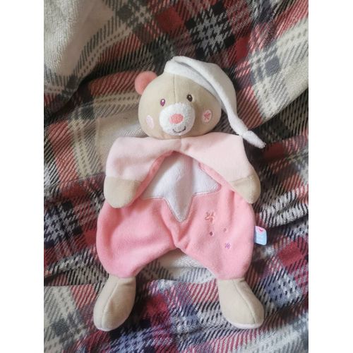 Doudou Plat Ours Beige Rose Bonnet Brodé Étoile Luminescente Migidoux Sucre D'orge
