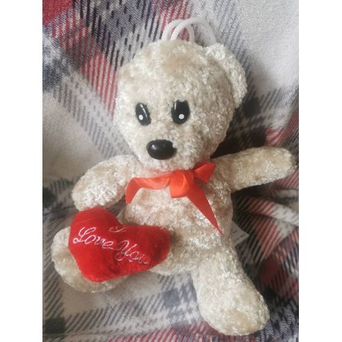 Doudou Peluche Ours Beige Bouclette Ruban Satin Coeur Rouge I Love You Forest Distribution