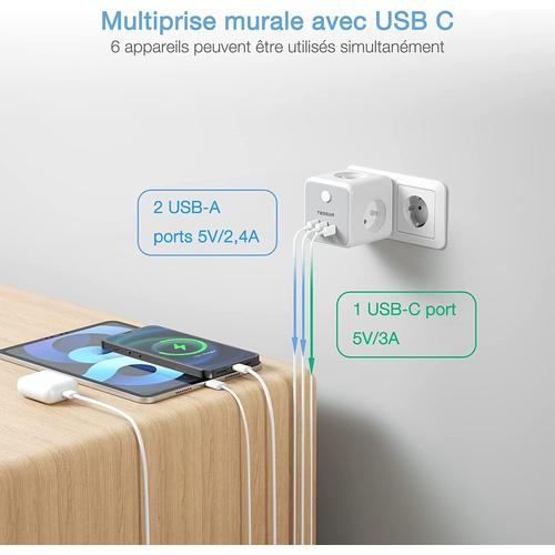Prise USB Multiple, Multiprise Murale Cube 4 Prises avec 3 USB