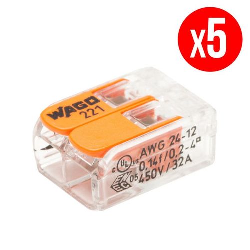 Pack de 5 bornes de connexion rapide à levier WAGO 2 entrées fil souple et rigide - S221