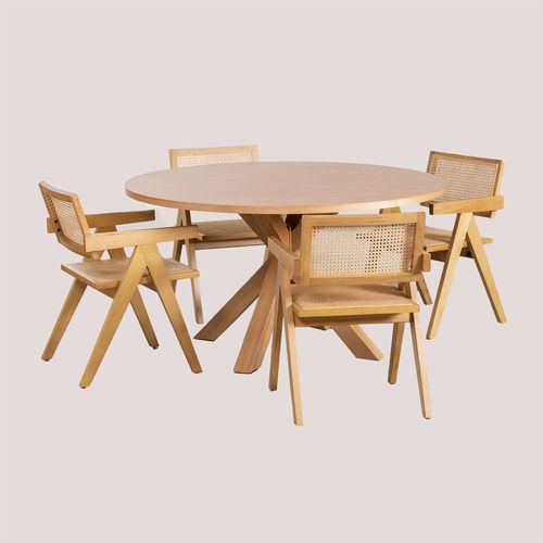 Ensemble De Table À Manger Ronde En Mdf (Ø140 Cm) Pleven Et 4 Chaises Avec Accoudoirs En Bois De Frêne Et Rotin Style Lali Bois Naturel
