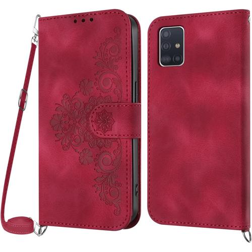 Coque Samsung Galaxy A51 4g Avec Cordon, Etui Samsung A51 4g Avec Cordon Collier, Etui Portefeuille Protection Housse En Cuir Pu Avec Bandoulière Réglable Lanyard Case Cover Rouge