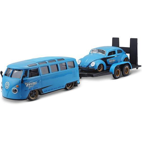 Maisto 532751 Elite Transporter Volkswagen Van Samba + Volkswagen Beetle : Fourgon Avec Remorque, 2 Modèles De Voitures, Portes Ouvrables, Échelle 1:24, 43 Cm, Bleu (532752)-Maisto