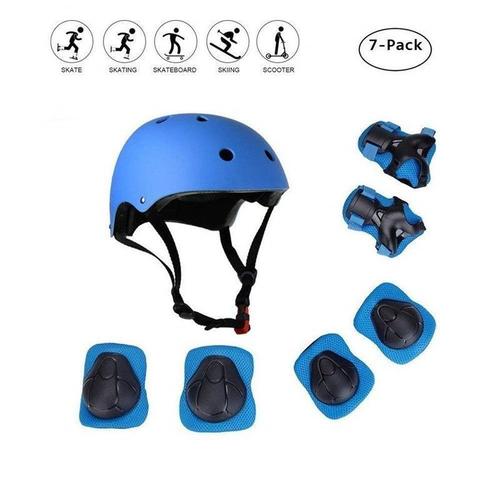 Enfants Sports Équipement De Protection 7 In 1 Kit De Protection Roller Avec Casque Genou Coude Poignet Pour Skateboard Roller (Blue)