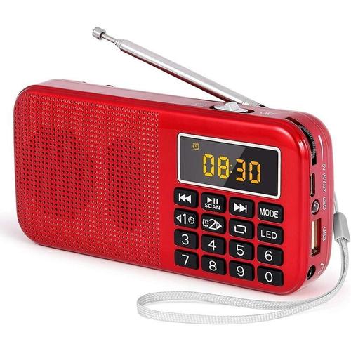 Radio Portable Radio FM avec Batterie Rechargeable de Grande Capacité (3000mAh) Prise en Charge MP3 / SD/USB/AUX Rouge
