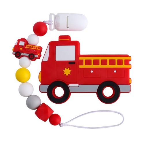 Anneau De Dentition En Silicone Pour Bébé, 2 Pièces, Chaîne De Sucette, Dessin Animé, Camion De Pompiers, Ensemble De Mamelon, Porte-Tétine Factice, Jouets Molaires S