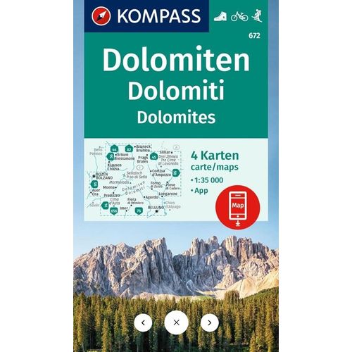 Kompass Wanderkarten-Set 672 Dolomiten, Dolomiti, Dolomites (4 Karten) 1:35.000