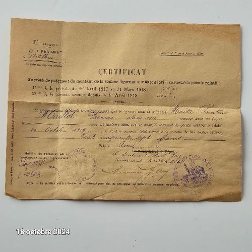 Certificat D'arrêté De Paiement De La Somme Sur Les Carnets De Pécule Relatif, 1918