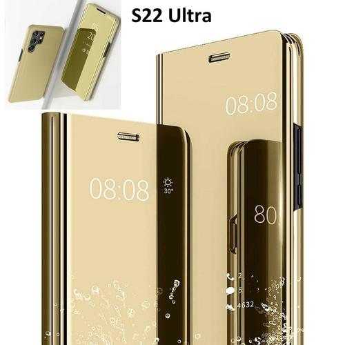 Etui Housse Pour Samsung Galaxy S22 Ultra 5g Clear Miroir Transparent View Rabattable Coque De Portection Folio Pour Samsung Galaxy S22 Ultra 5g 6 8 Pouces - Or