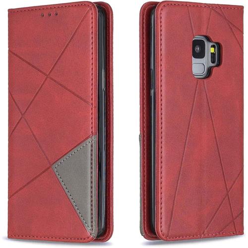 Coque Pour Samsung Galaxy S9, Housse Portefeuille En Cuir Etui De Protection Avec Slim Tpu Silicone Bumper Antichoc Magnétique Flip Case, Porte Cartes Avec Fonction Support Cover Rouge