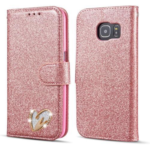 Étui Pour Galaxy S7 Coque, Flip Case Étui Paillette Glitter Bling Portefeuille En Cuir Housse Avec Porte Carte Magnétique Wallet Cover Pour Samsung Galaxy S7 - Or Rose