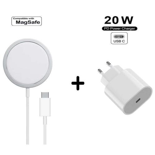 Chargeur 20w Charge Rapide Avec Câble Usb-C Vers Lightning + Câble Recharge Sans Fil Compatible Magsafe Magnétique Pour Iphone 12 / 13 / 14 / Mini / Pro / Max