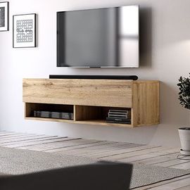 Meuble Tv Suspendu 1 Porte Abattante 100x33x31 Cm Naturel - Lesli