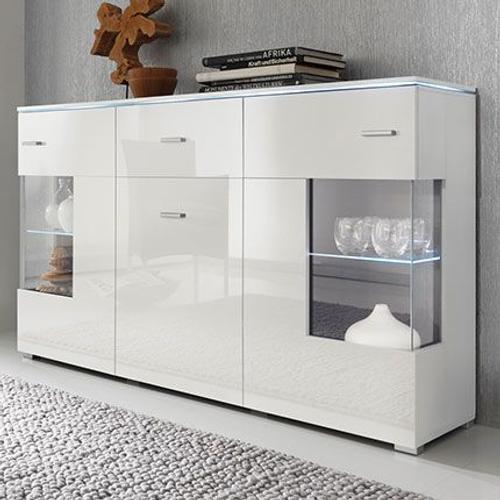 Buffet 3 Portes 1 Tiroir 150x37x91 Cm Blanc Et Blanc Brillant