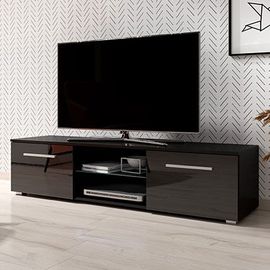 Meuble Tv 2 Portes 140x40x36 Cm Noir Et Noir Brillant - Rilma