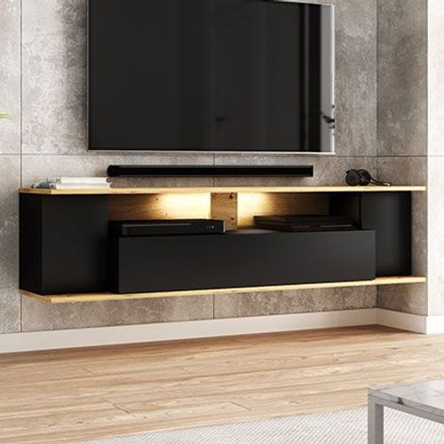 Meuble Tv Avec Led À Suspendre Rob Noir /Chêne 160x35x38,7 Cm--