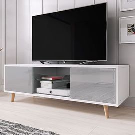 Meuble Tv 2 Portes 140x42x45 Cm Blanc Et Gris Brillant - Muneo