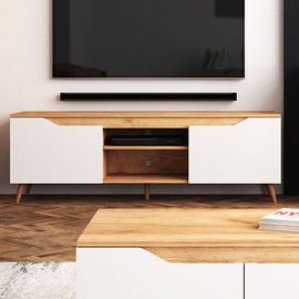 Meuble Tv 2 Portes 147x40x52 Cm Chêne Et Blanc