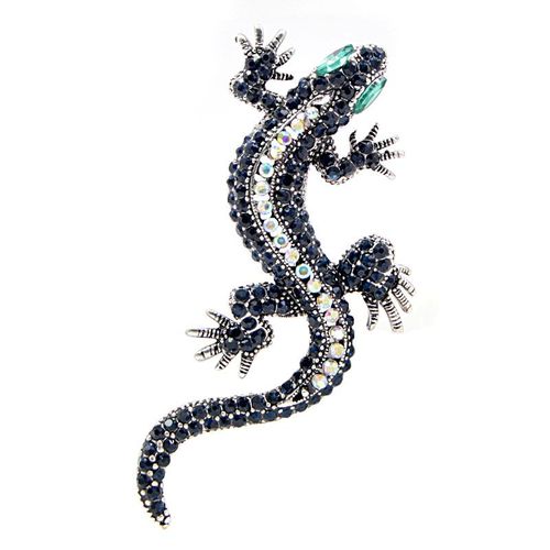 Broche Lézard Strass, Couleur Bleu Foncé, Corps, ¿Il Vert, Gecko, Mode Bijoux Style Animal Vintage, Épingle Cadeau