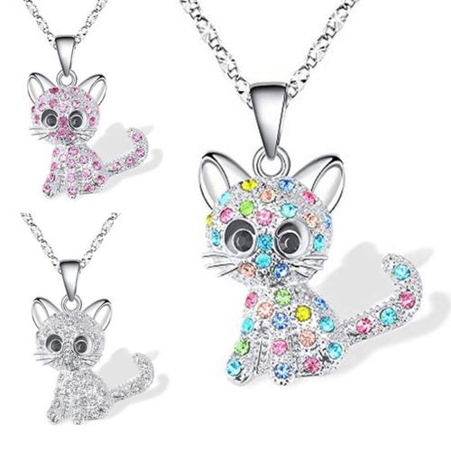 Collier avec pendentif chat en strass pour femme et fille, bijoux arc-en-ciel, Animal, chat, rose, bleu, à la mode