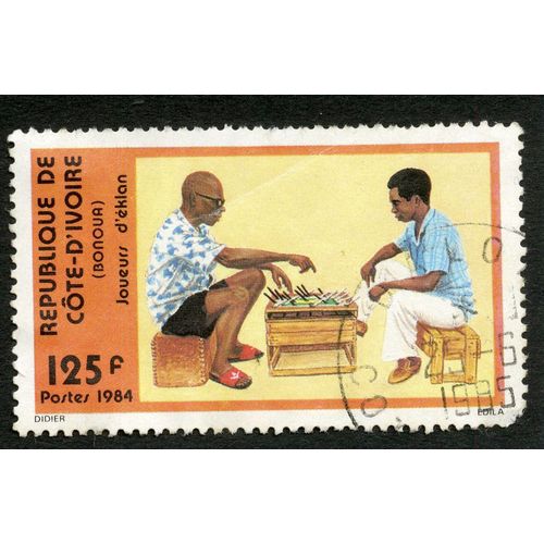 Timbre Oblitéré République De Cote D'ivoire, Bonoua, Joueurs D'éklan, Postes, 125 F, 1984, Didier