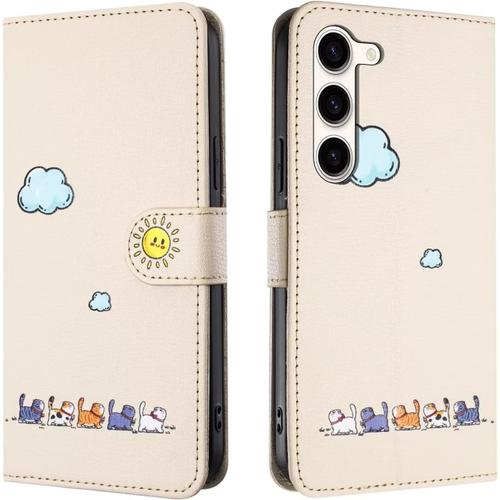 Miagon Pour Samsung Galaxy S23 Coque,Etui Mignon Nuage Chat Motif Portefeuille Case Magnetique Antichoc Clapet Protection Carte Housse Pu Cuir Cover,Blanc