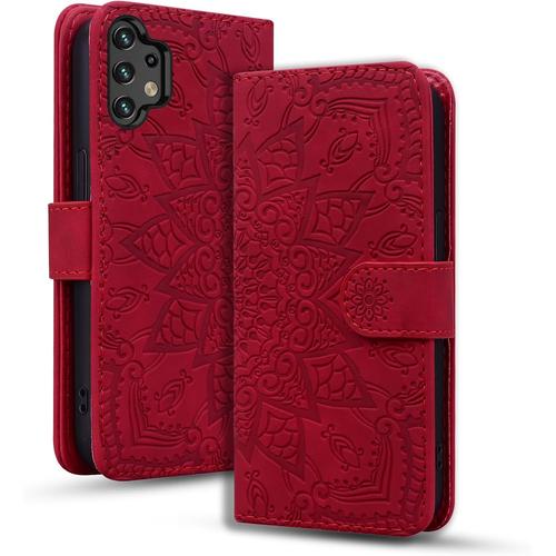 Coque Pour Samsung Galaxy A04s/ A04/ A13 4g 5g/ M13 5g Premium Pu Cuir Housse Avec Fermeture Magnétique Stand Fonction Couvercle À Rabat Mandala Gaufrage Galaxy A04s/ A04/ A13 / M13 - Rouge