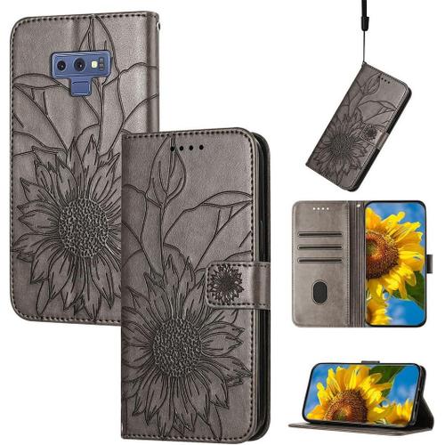 Étui Pour Samsung Galaxy Note 9, Tournesol Gaufré En Cuir Pu À Rabat Aimanté, Porte-Monnaie, Fentes Pour Cartes, Dragonne Pour Samsung Galaxy Note 9 He-Gris