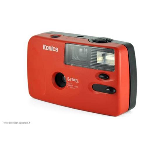 Appareil photo de collection Konica Dr. Finder Jr. Rouge EPJ-10 Konica Lens F: 35 mm pour format 24x36 avec flash manuel incorporé qui utilise une pile au format AA 1,5V