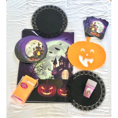 Lot décoration Halloween déco vaisselle jetable nappe set de table gobelets assiettes serviettes