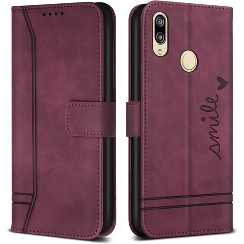 Coque Pour Huawei Honor 10 Lite/Huawei P Smart 2019, Avec Magnetique, Flip Pochette Housse Pour Huawei Honor 10 Lite/Huawei P Smart 2019 Protection, Vin Rouge