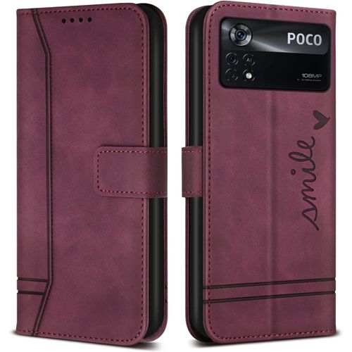 Coque Pour Xiaomi Poco X4 Pro 5g, Avec Magnetique, Flip Pochette Housse Pour Xiaomi Poco X4 Pro 5g Protection, Vin Rouge