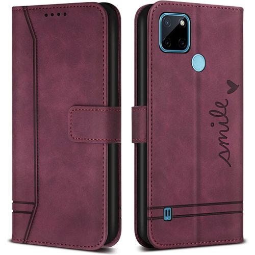 Coque Pour Oppo Realme C21y, Avec Magnetique, Flip Pochette Housse Pour Oppo Realme C21y Protection, Vin Rouge
