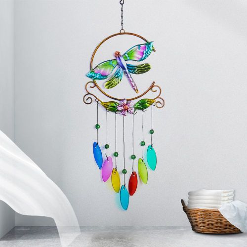 Carillon à vent libellule coloré en verre et métal, pour porte murale, cloche, pendentif, cour, jardin, balcon, ornements suspendus, artisanat de décoration pour la maison