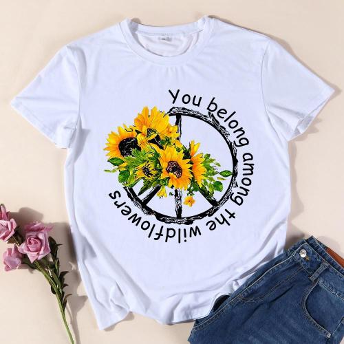 T-Shirt Manches Courtes Col Rond Femme, Estival Et Décontracté, En Coton, À La Mode, Motif Tournesol, Saint-Valentin, S-Xxxl