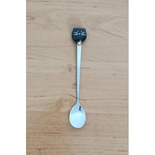 Cuillere A Cafe Tete De Chat Noir. Ceramique. Acier Inoxydable. 15,5 X 2,6 Cm