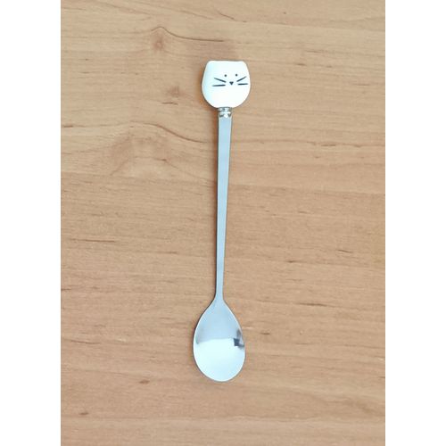 Cuillere A Cafe Tete De Chat Blanc. Ceramique. Acier Inoxydable. 15,5 X 2,6 Cm