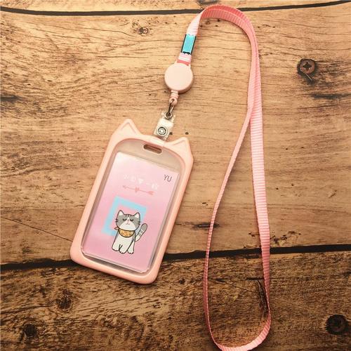 Couleur Silicone Rose Porte-Carte D'identité Chat Avec Lanière, Porte-Badge De Dessin Animé Kawaii, Ensemble De Cartes D'étudiant, Lanière Rétractable, Bobine De Badge, Papeterie