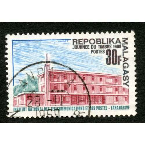 Timbre Oblitéré Repoblika Malagasy, Journée Du Timbre, Postes, Institut National Des Télécommunications Et Des Postes - Tananarive, Combet, 30 F