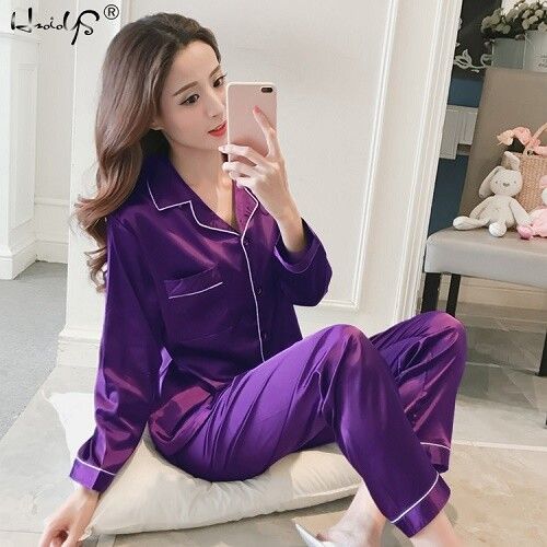 Ensemble De Pyjama En Satin De Soie Pour Femme,Vêtements De Nuit À Manches Longues,Ensemble De Deux Pièces,Grande Taille