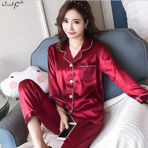 Ensemble De Pyjama En Satin De Soie Pour Femme,Vêtements De Nuit À Manches Longues,Ensemble De Deux Pièces,Grande Taille