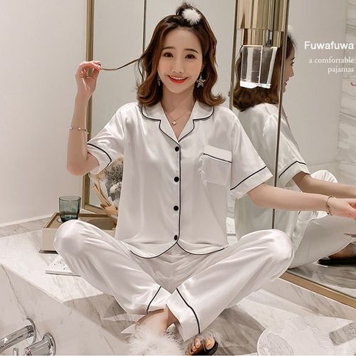 Ensemble De Pyjama En Satin De Soie Pour Femme,Vêtements De Nuit À Manches Longues,Ensemble De Deux Pièces,Grande Taille