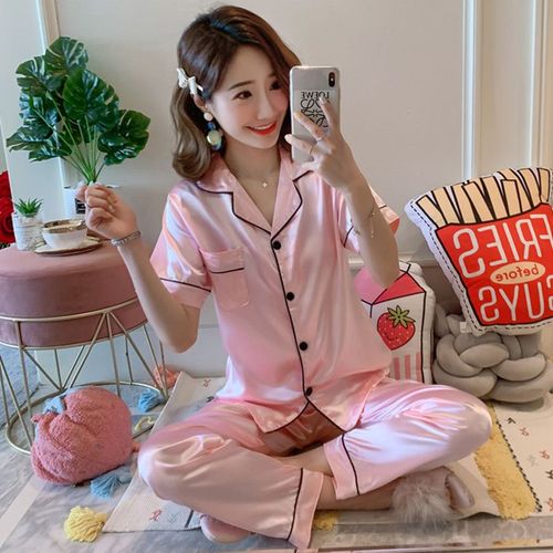 Ensemble De Pyjama En Satin De Soie Pour Femme,Vêtements De Nuit À Manches Longues,Ensemble De Deux Pièces,Grande Taille
