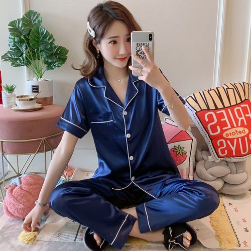 Ensemble De Pyjama En Satin De Soie Pour Femme,Vêtements De Nuit À Manches Longues,Ensemble De Deux Pièces,Grande Taille