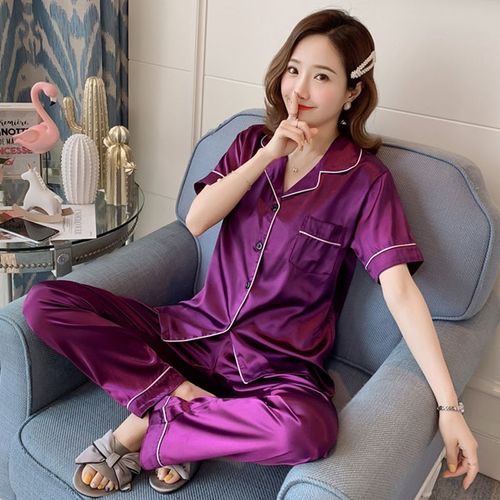 Ensemble De Pyjama En Satin De Soie Pour Femme,Vêtements De Nuit À Manches Longues,Ensemble De Deux Pièces,Grande Taille