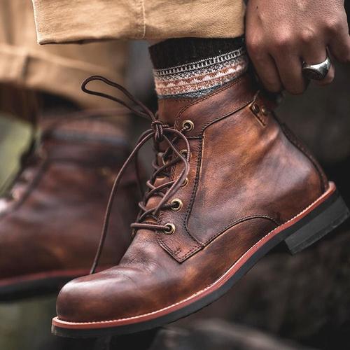 Bottes Homme S/ Cuir En Marron Leather - Hazel Brown - Style Dr. Martens - Dr. Marteens - Moto Shoes - Retro Scout - Aviator Handmade - Bottines Homme - Chaussures Homme - 40